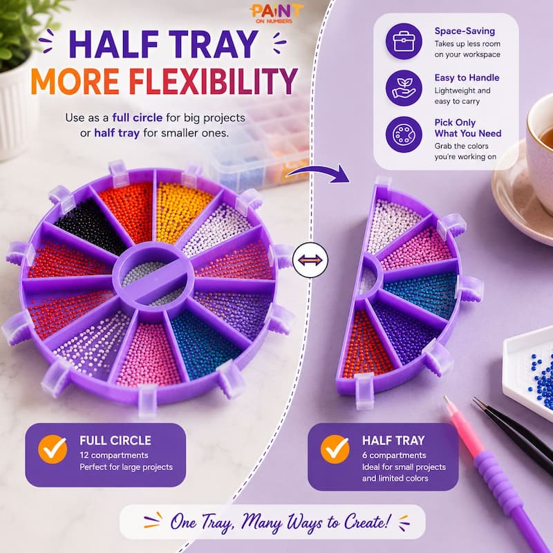 Purple bead organizer tray with full circle and half tray options, featuring text on flexibility and usage.