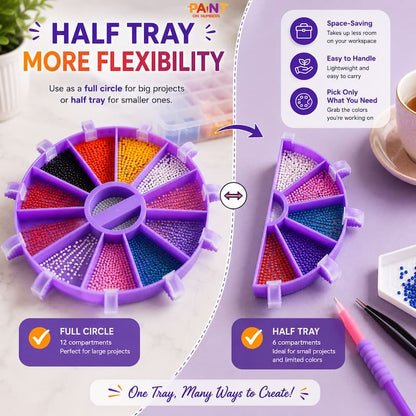 Purple bead organizer tray with full circle and half tray options, featuring text on flexibility and usage.