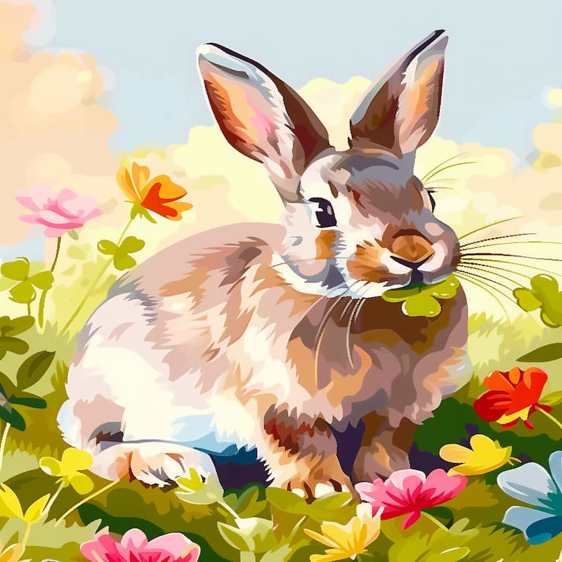Colorful illustration of a rabbit in a garden with flowers and leaves.