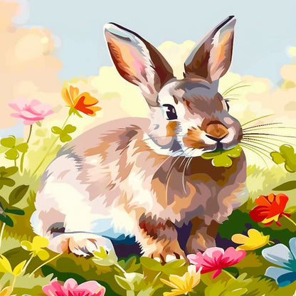 Colorful illustration of a rabbit in a garden with flowers and leaves.