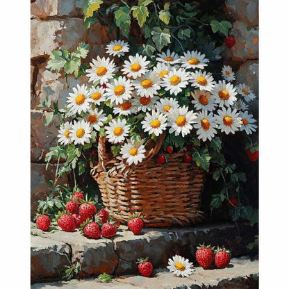 Basket of white flowers with red berries on a stone surface