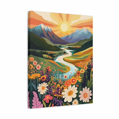 Canvas print of a mountain landscape with flowers and a river