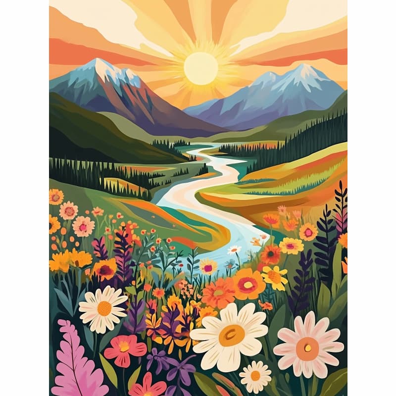 Colorful illustration of a mountain landscape with flowers and a river.