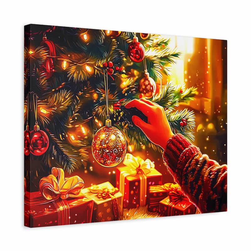 Decorative Christmas scene with a hand placing an ornament on a tree, surrounded by lights and presents.