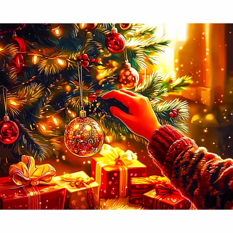 Hand decorating a Christmas tree with ornaments and lights, surrounded by presents.