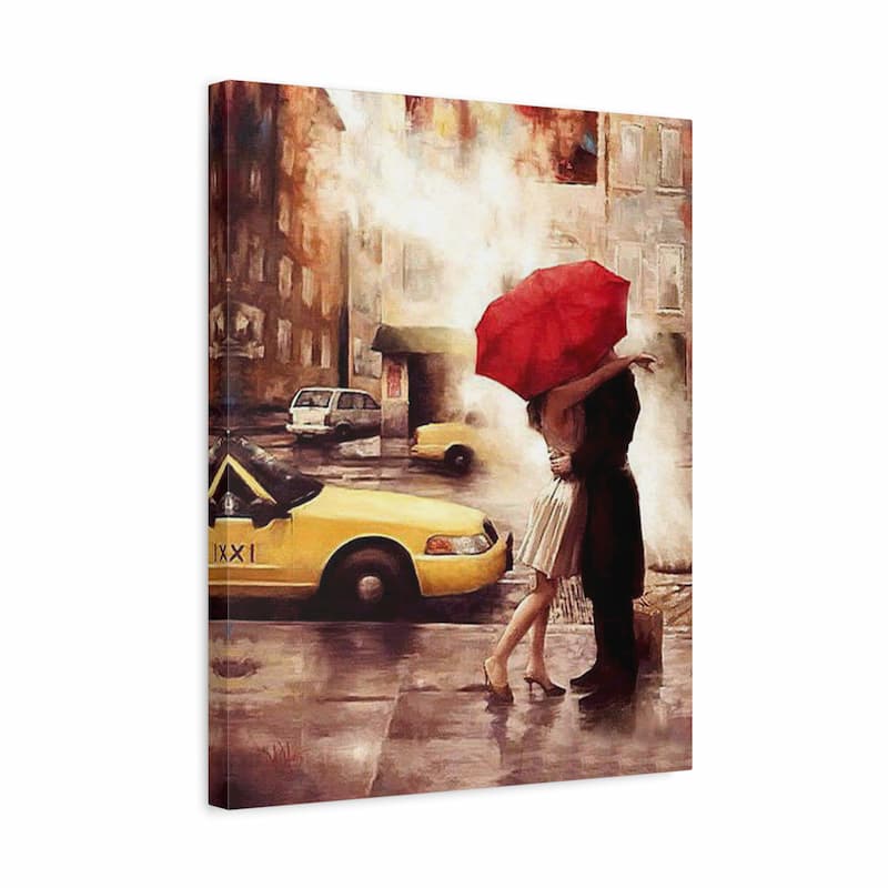 Canvas print of a couple under a red umbrella with a yellow taxi in the rain.