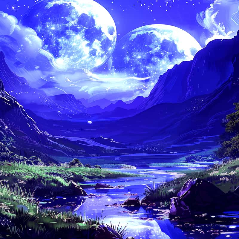 Fantasy landscape with glowing moons over a mountainous valley and stream.