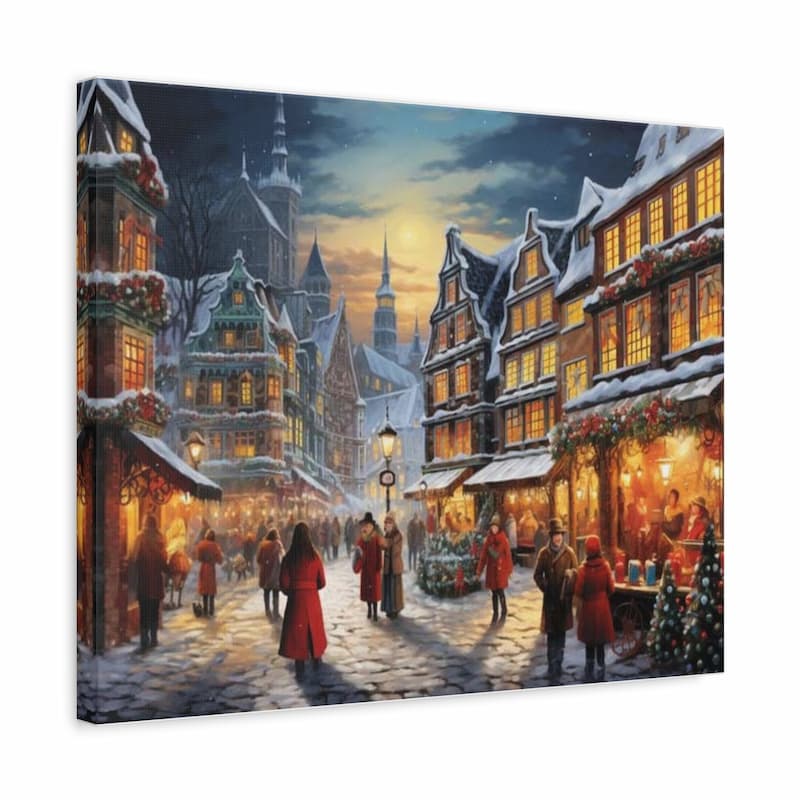 Framed artwork of a snowy UK Town scene with people and illuminated buildings.