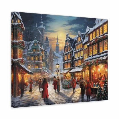 Framed artwork of a snowy UK Town scene with people and illuminated buildings.