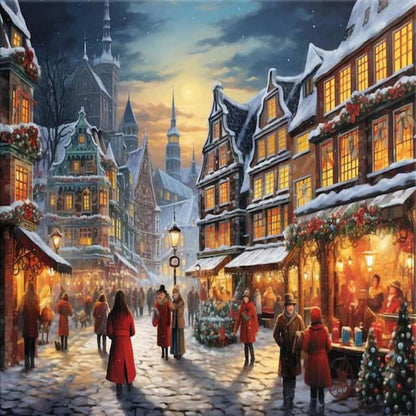 Snowy London street scene with people in red coats during winter.