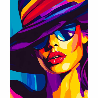 Colorful abstract painting of a woman's face wearing sunglasses and a hat