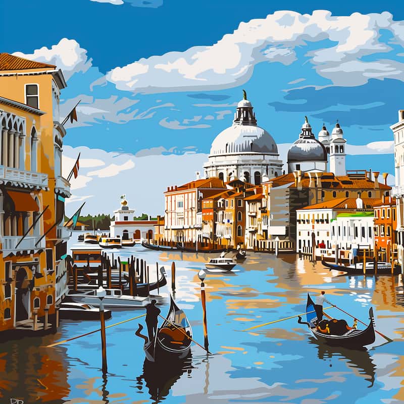 Venetian canal with gondolas and a large domed building under a blue sky.