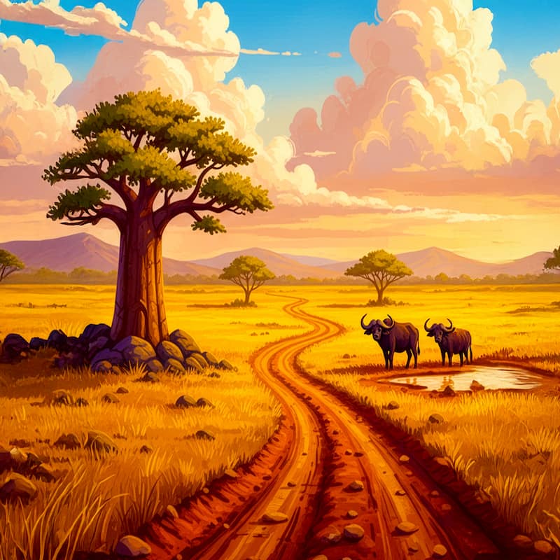 Scenic landscape with a tree, path, and animals under a colorful sky.