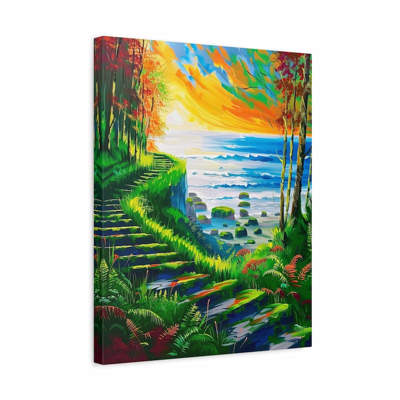 Canvas print of a vibrant tropical landscape with a path leading to a beach.