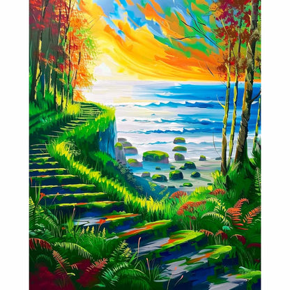 Colorful painting of a forest path leading to a beach