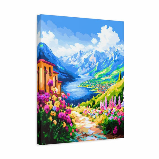 Canvas print of a colorful mountain landscape with a village and flowers.