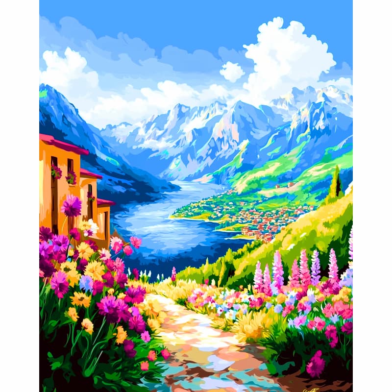 Scenic painting of a mountain landscape with a lake, houses, and colorful flowers.