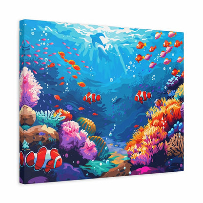 Canvas print of a vibrant underwater scene with colorful fish and coral.