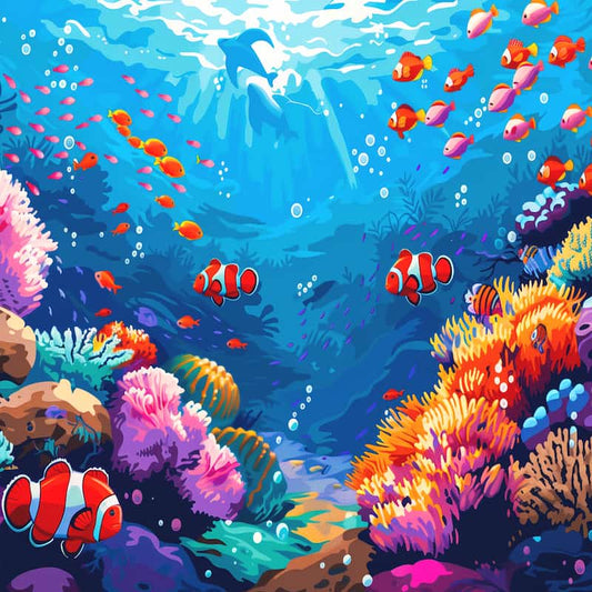 Colorful underwater scene with clownfish and coral