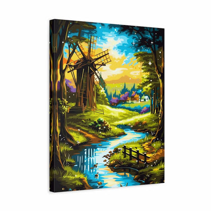 Canvas print of a windmill scene with a river and trees, set against a starry sky.
