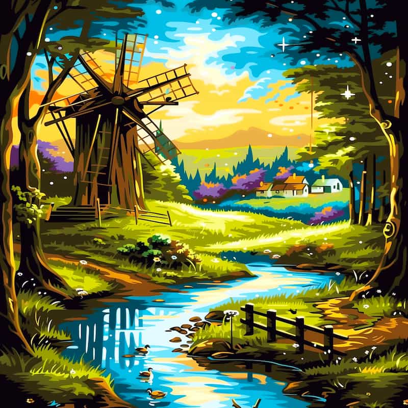 Wooden windmill by a stream in a colorful landscape with trees and houses in the background.