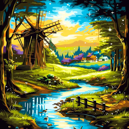 Wooden windmill by a stream in a colorful landscape with trees and houses in the background.