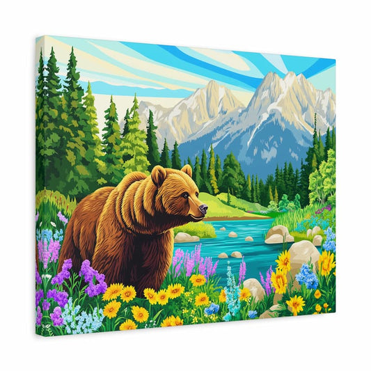 Canvas print of a bear in a forest with mountains and flowers