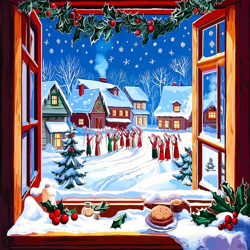 Winter scene with people in a snowy village viewed through an open window.