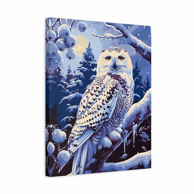 Canvas print of an owl in a snowy forest with blue and white tones.