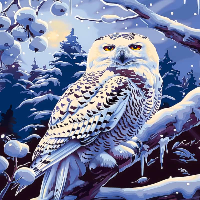 Snowy owl perched on a branch with a winter forest background