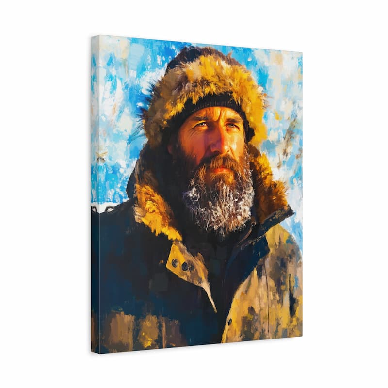Canvas print of a man in winter clothing with a snowy landscape background