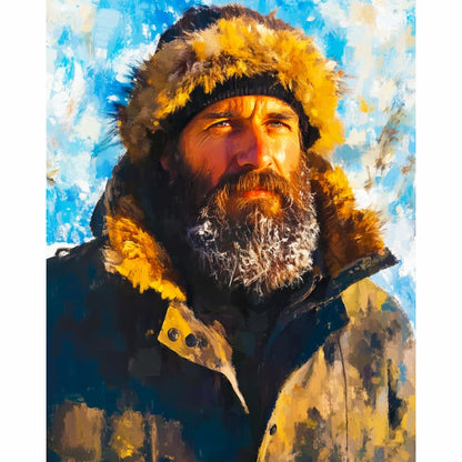 Man in a fur-lined coat with a snowy background