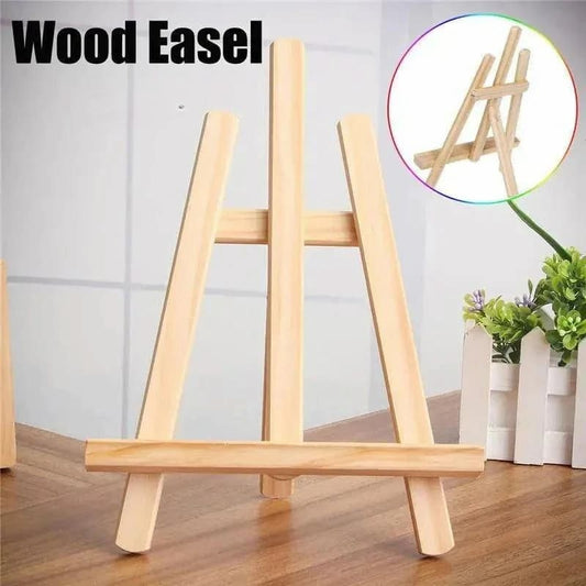 Wooden easel on a wooden floor with a blurred background